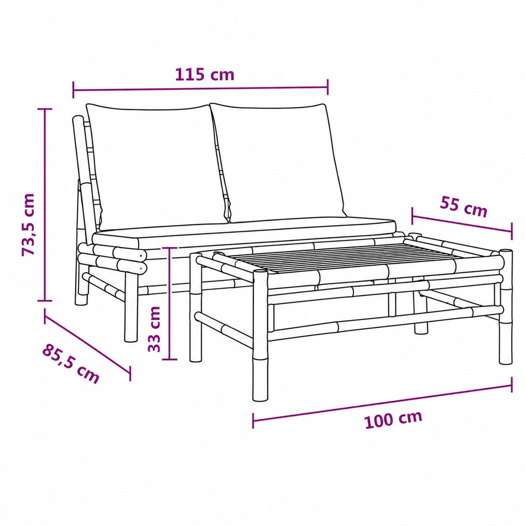 Dimensions salon bambou avec table basse de jardin, mobilier d'extérieur compact et naturel