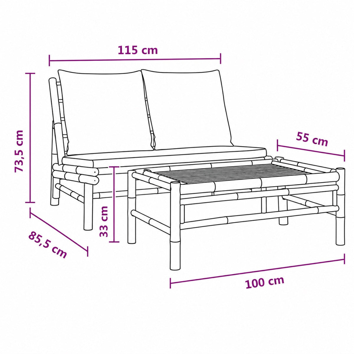 Dimensions salon bambou avec table basse de jardin, mobilier d'extérieur compact et naturel