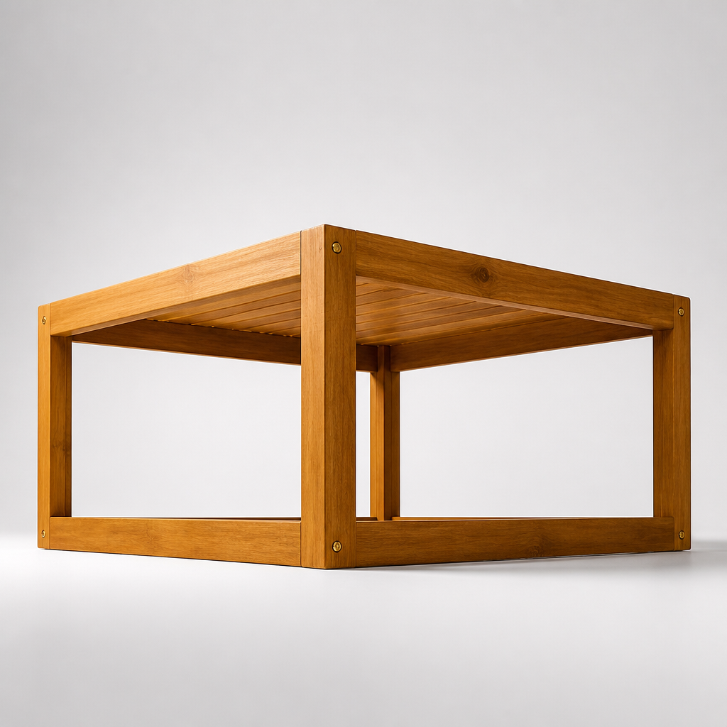 Table basse de jardin Faro vue en angle, structure ouverte en bois d'acacia mettant en valeur les assemblages