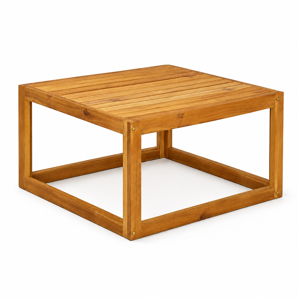 Table basse de jardin Faro en bois d'acacia a structure ouverte, vue de face sur fond blanc