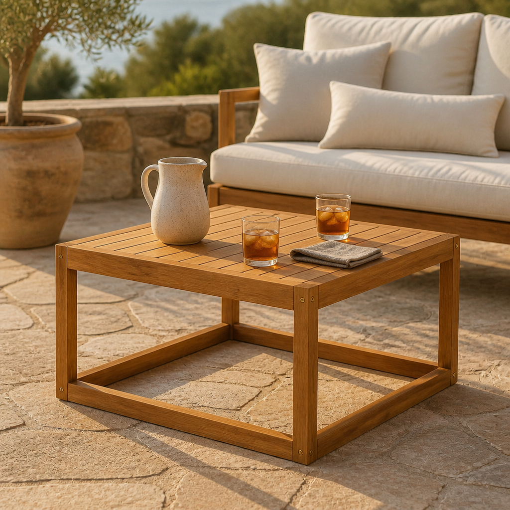 Table basse de jardin Faro sur une terrasse en pierre avec carafe et verres de boisson