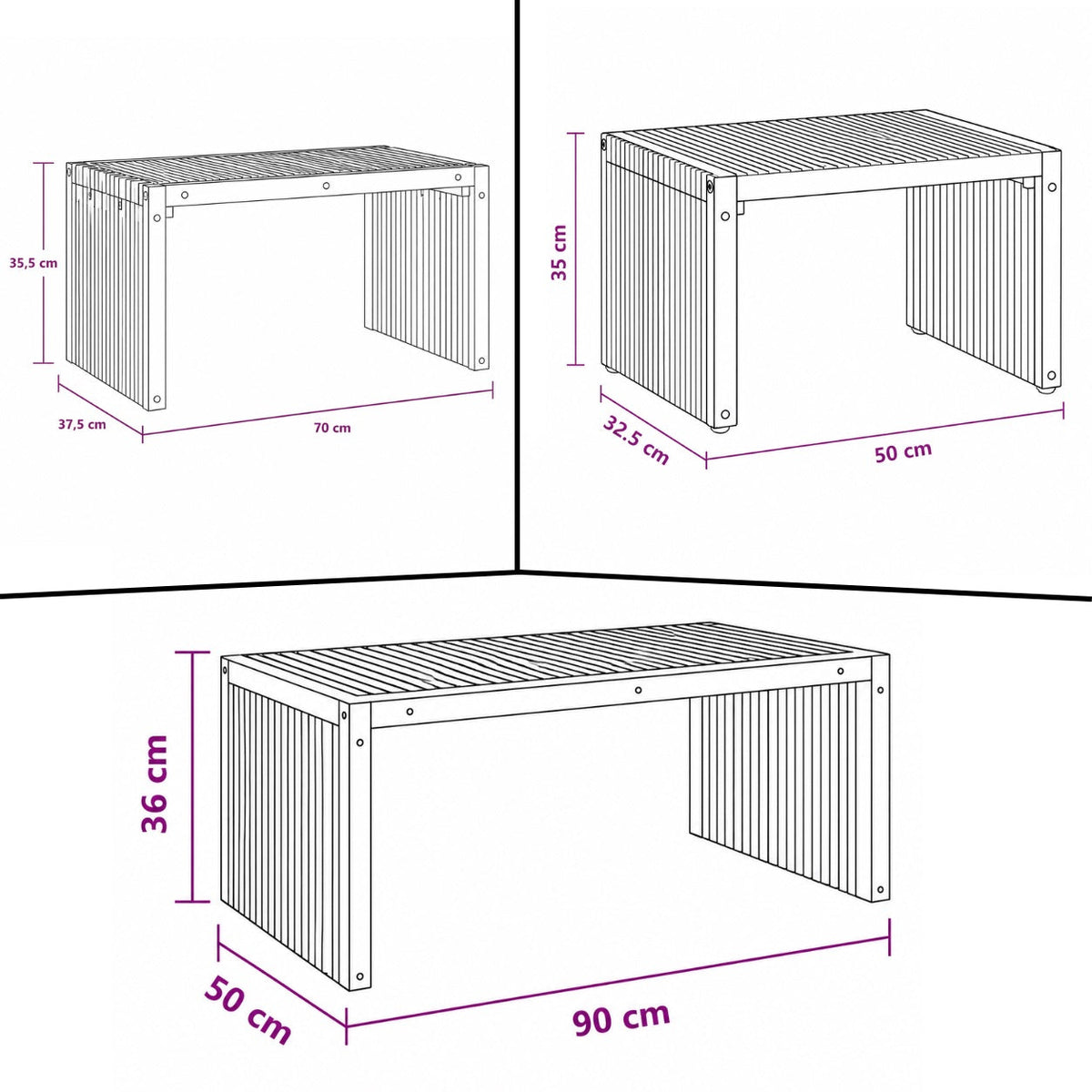 Dimensions de la table basse de jardin Kanoa en bois, table basse d’extérieure disponible en plusieurs tailles