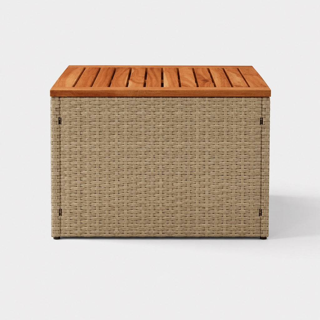 Table basse de jardin rectangulaire beige avec plateau en bois, parfaite pour un espace d’extérieure raffiné.