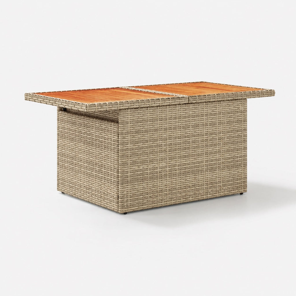 Table basse de jardin beige en résine tressée avec plateau bois pour terrasse extérieure moderne
