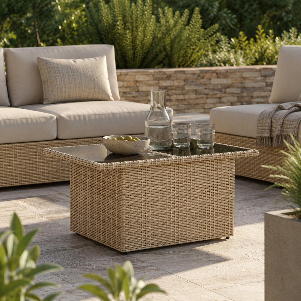 Table basse d'extérieur beige en résine tressée avec plateau verre dans un salon de jardin élégant