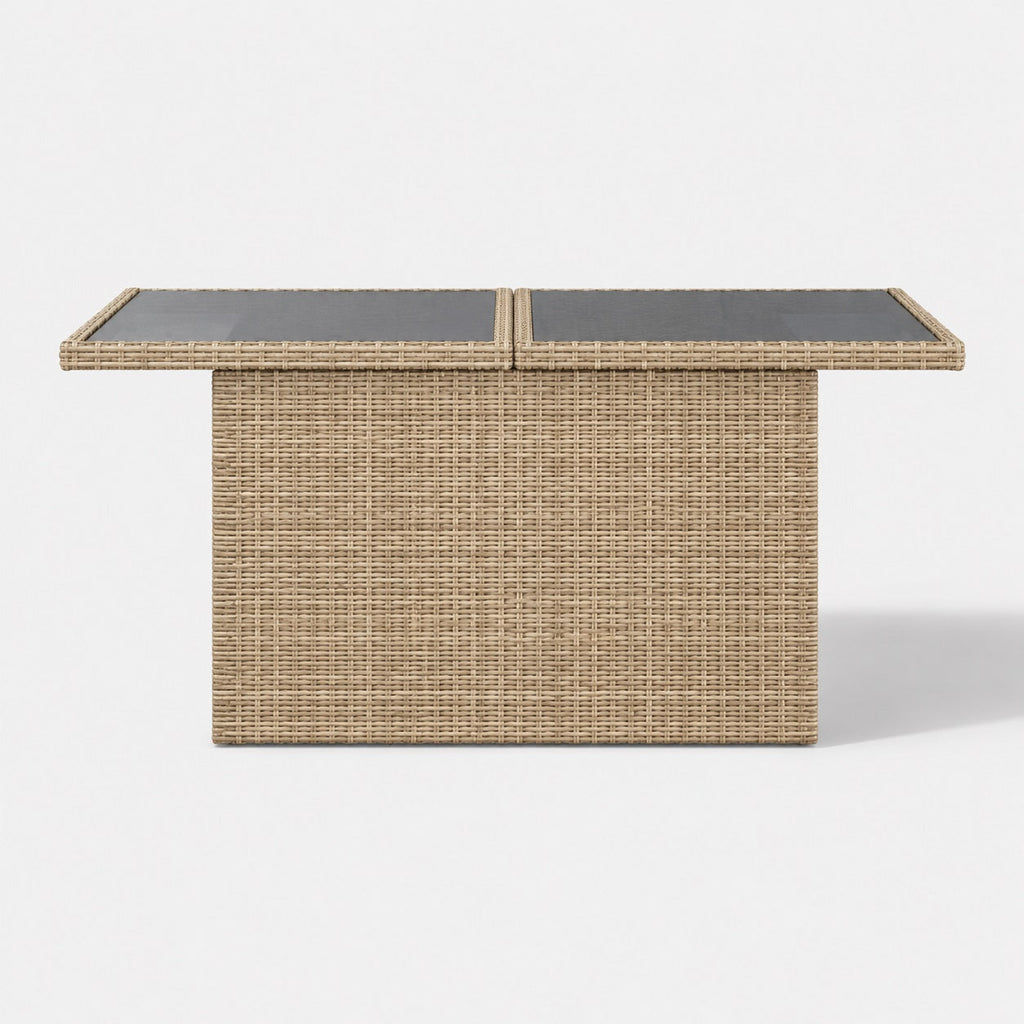 Table basse de jardin rectangulaire beige avec plateau en verre pour terrasse et mobilier extérieur