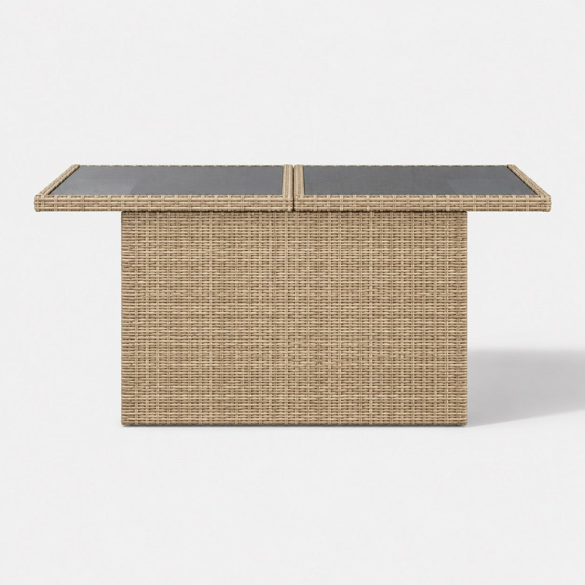 Table basse de jardin rectangulaire beige avec plateau en verre pour terrasse et mobilier extérieur