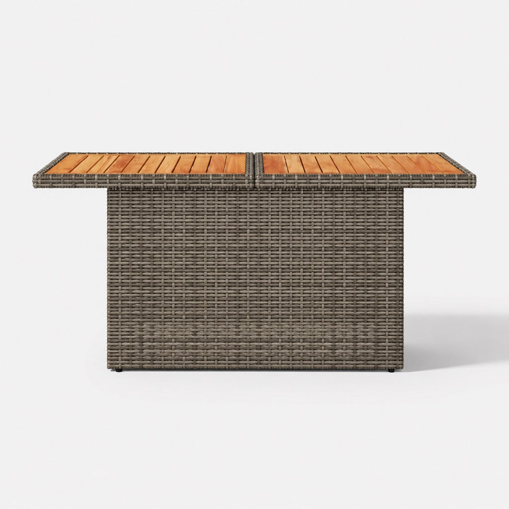 Table basse d'extérieur grise vue de face avec structure tressée et plateau bois naturel