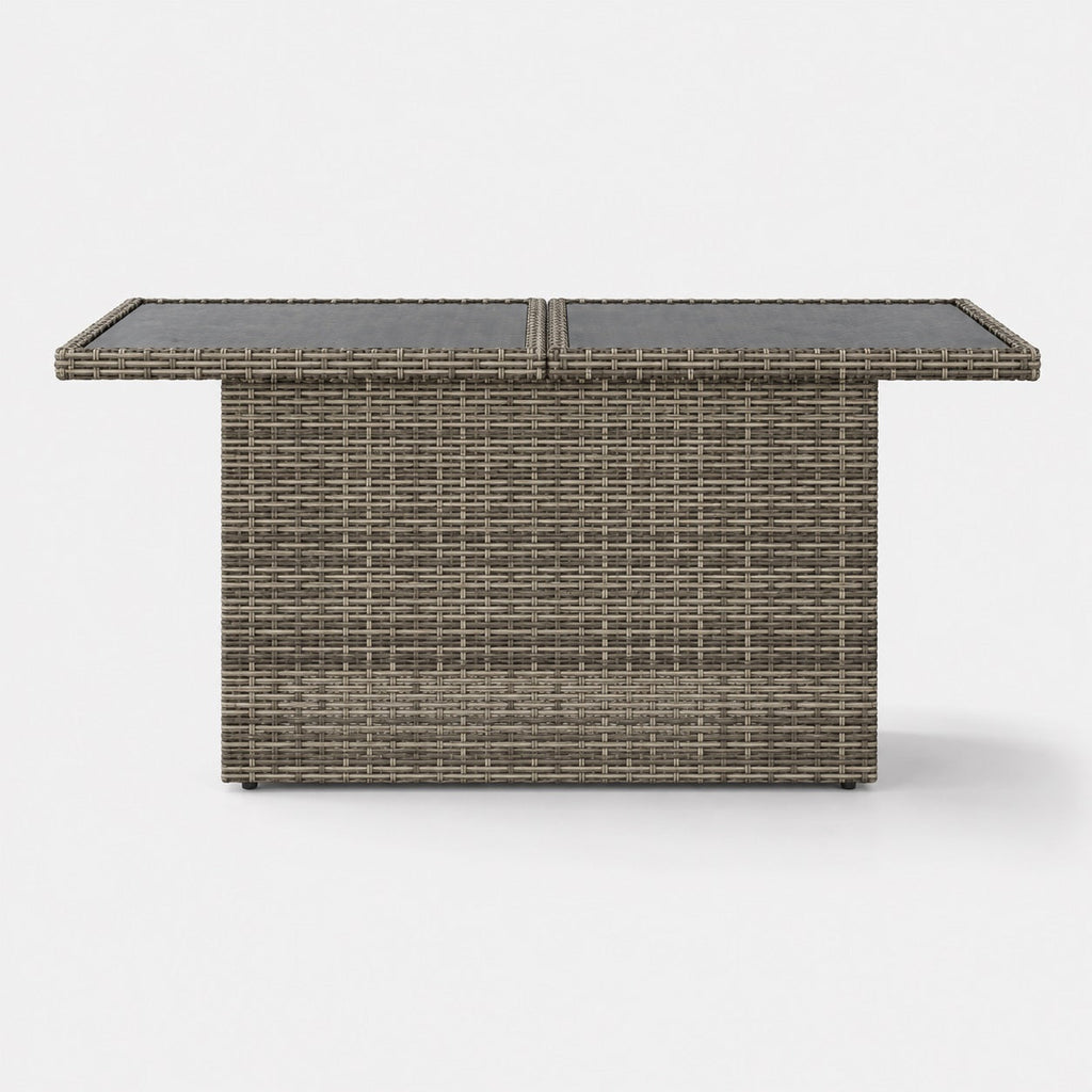Table basse de jardin rectangulaire grise en résine tressée avec plateau en verre élégant