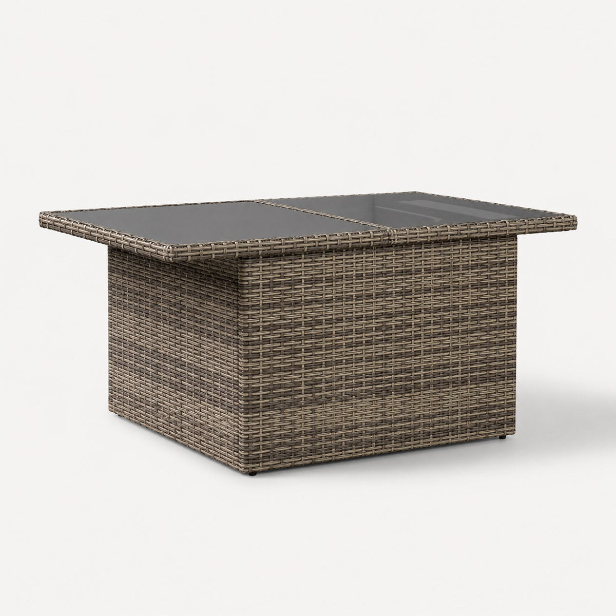 Table basse de jardin grise en résine tressée avec plateau en verre fumé pour terrasse moderne