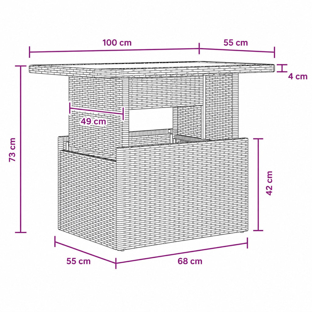 Dimensions table basse de jardin relevable en résine tressée avec plateau en verre extérieur