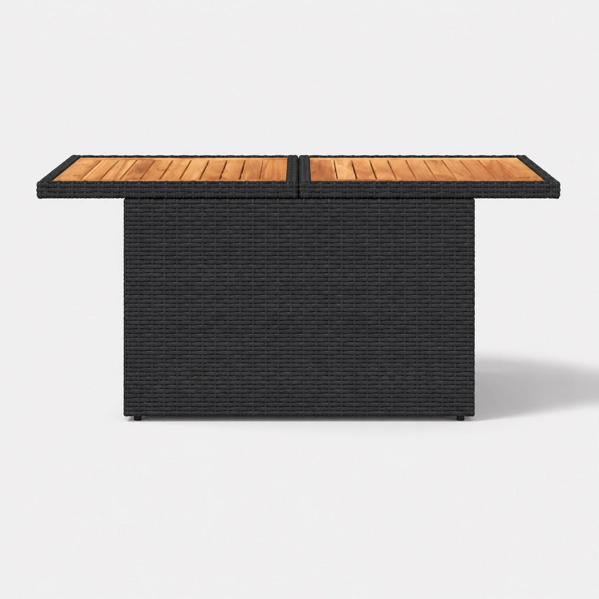 Table basse de jardin noire vue de face avec résine tressée et plateau bois élégant
