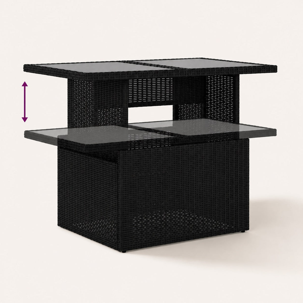 Table basse de jardin relevable noire avec plateau en verre et rangement pour terrasse design