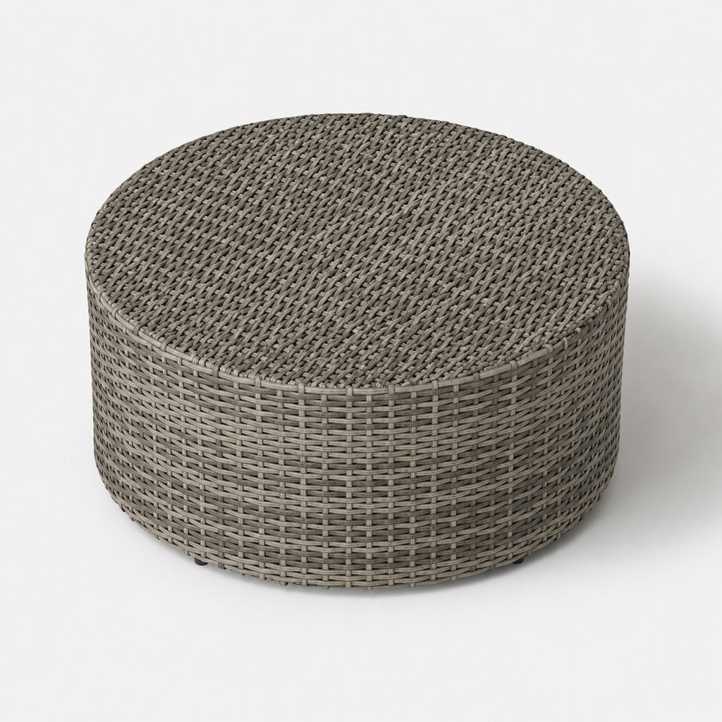 Table basse de jardin Oria vue du dessus en résine tressée beige au design d’extérieure contemporain