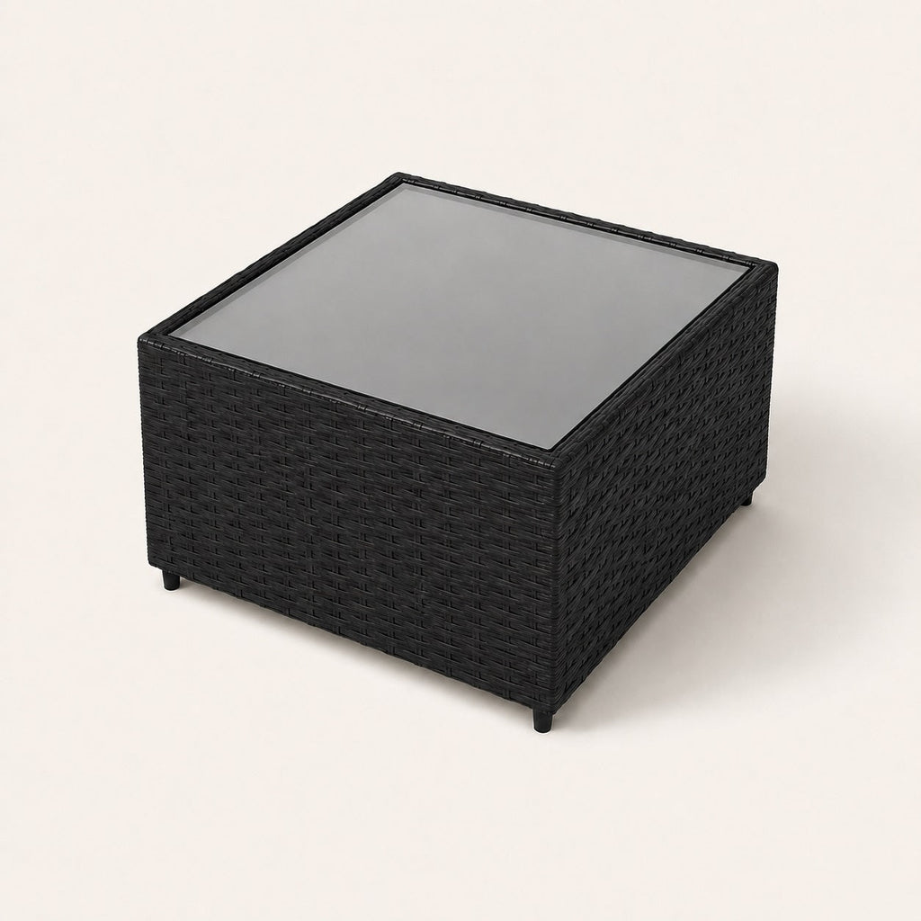Vue dessus de la table basse de jardin noire avec plateau verre, table basse d'extérieur