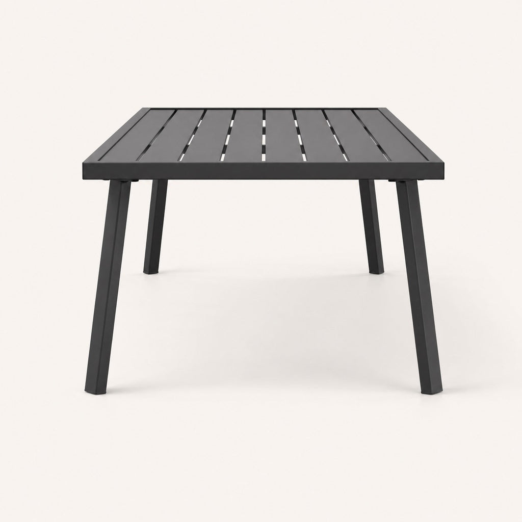 Vue latérale de la table basse extérieur Veyron noire en aluminium au style minimaliste