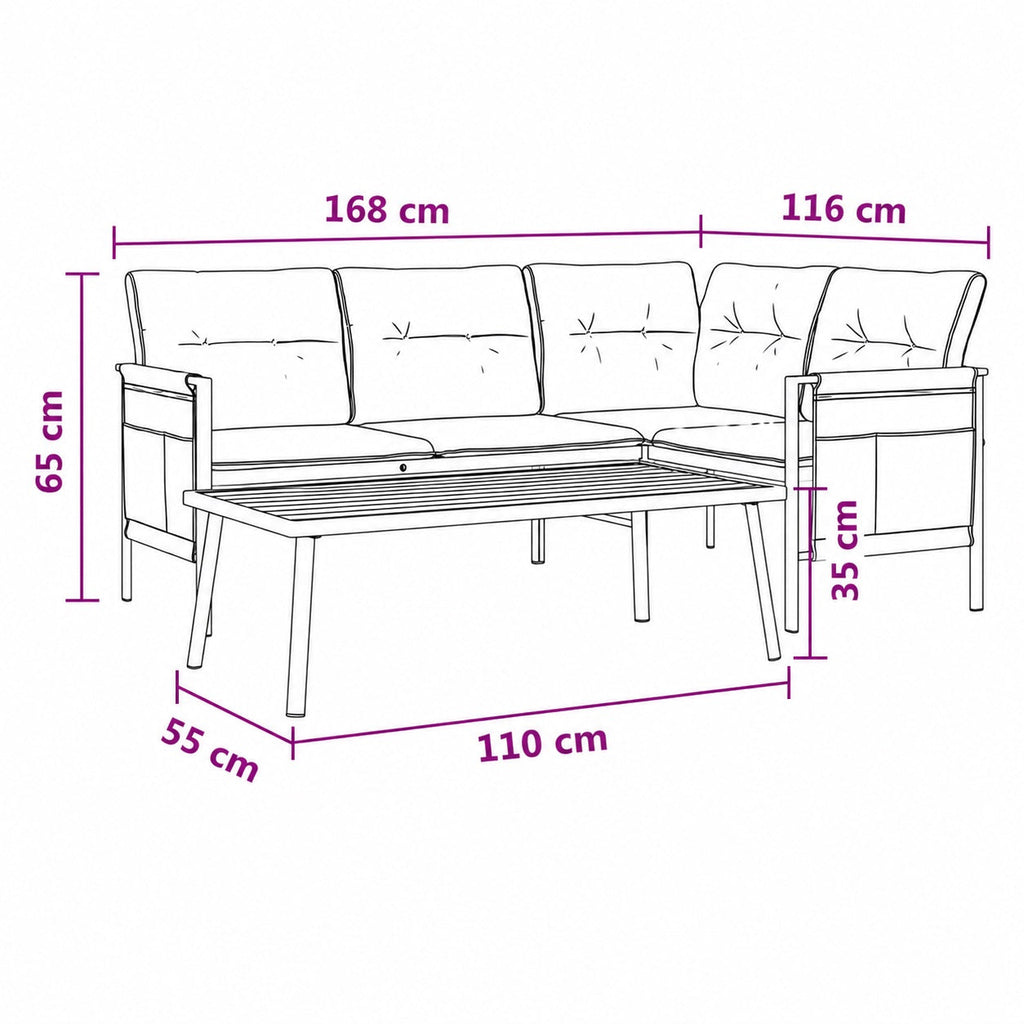 Schéma technique d’un salon de jardin d’angle avec table basse, dimensions en cm sur fond blanc.