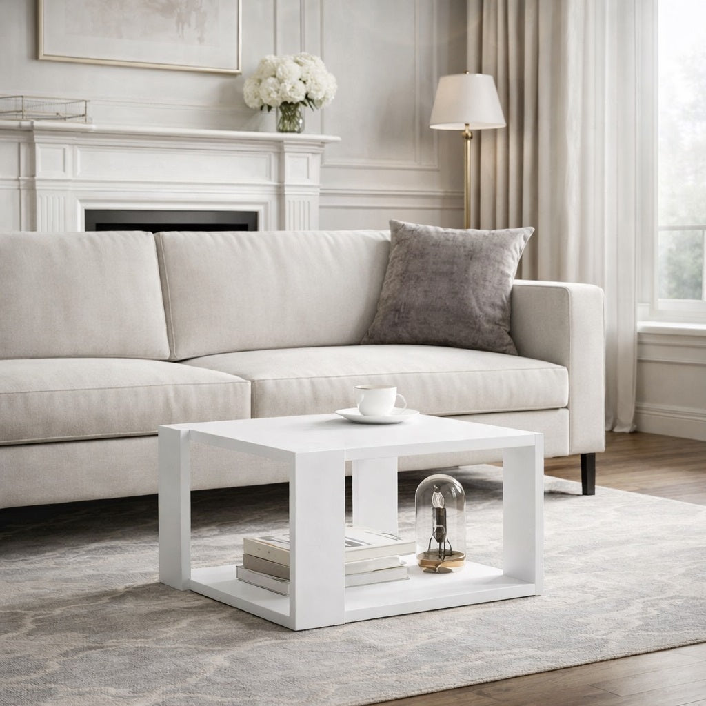 Table basse de salon blanche en situation dans un salon lumineux, style contemporain avec espace de rangement