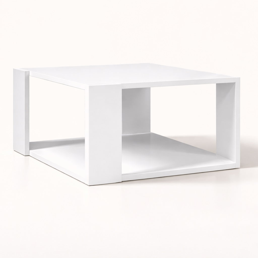 Table basse de salon blanche au design cubique avec rangement ouvert, idéale pour un intérieur moderne et épuré
