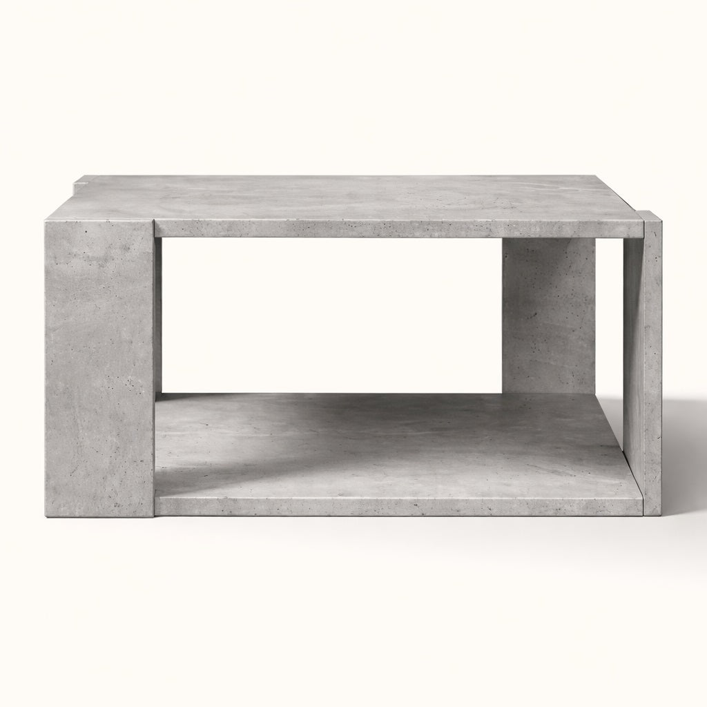 Table basse de salon grise vue frontale, style architectural moderne avec niche inférieure