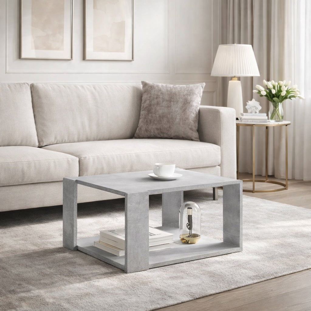 Table basse de salon grise en situation dans un salon élégant, esprit minéral et contemporain