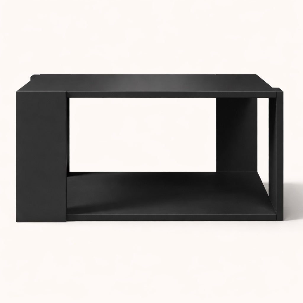 Table basse de salon noire vue frontale, lignes nettes et structure moderne