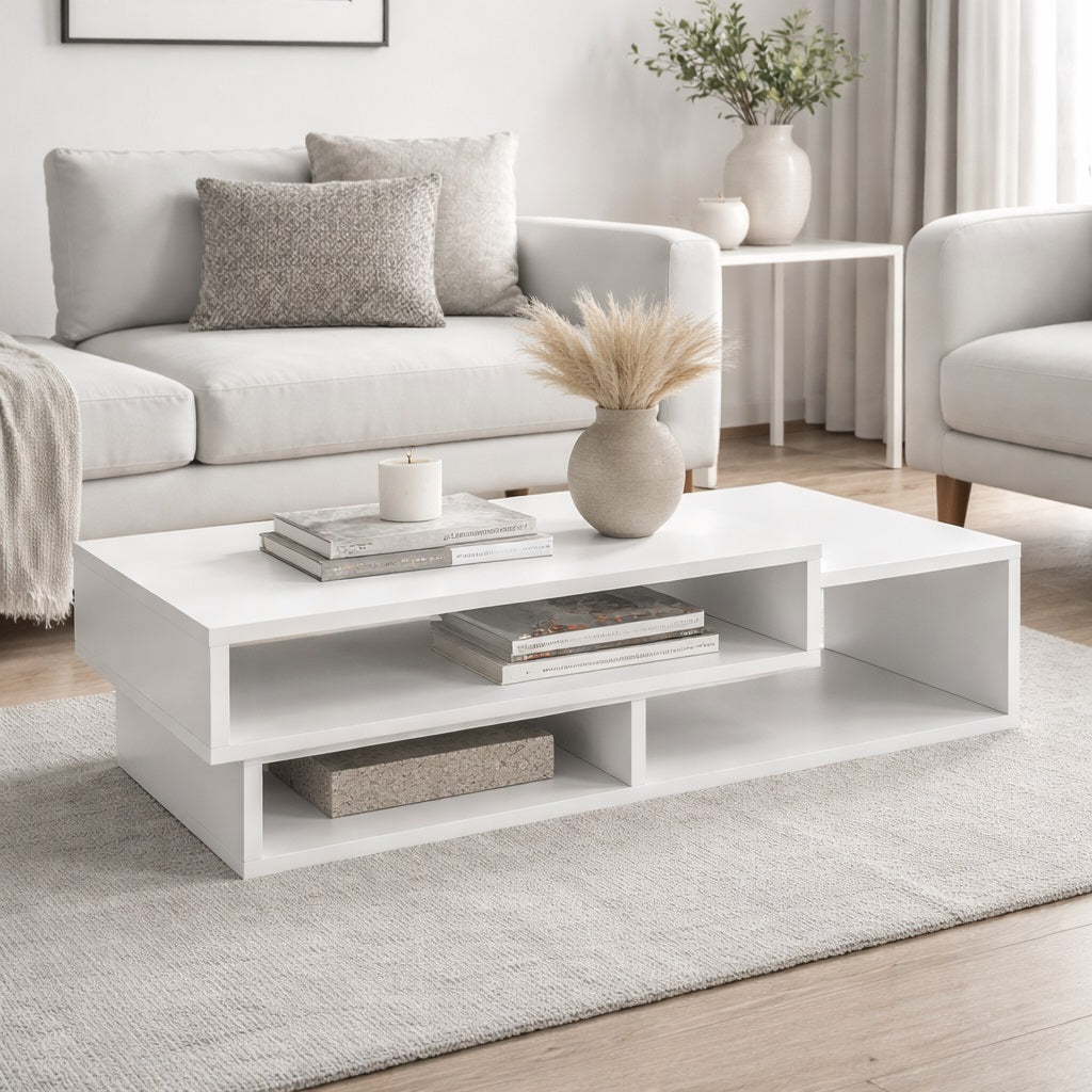 Table basse salon blanche avec rangements, intégrée dans un salon lumineux au style contemporain.