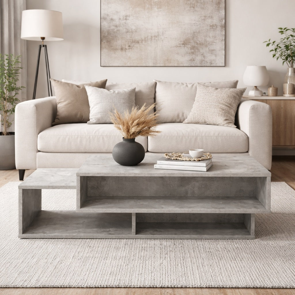 Table basse salon gris béton intégrée dans un intérieur contemporain, design épuré et fonctionnel.