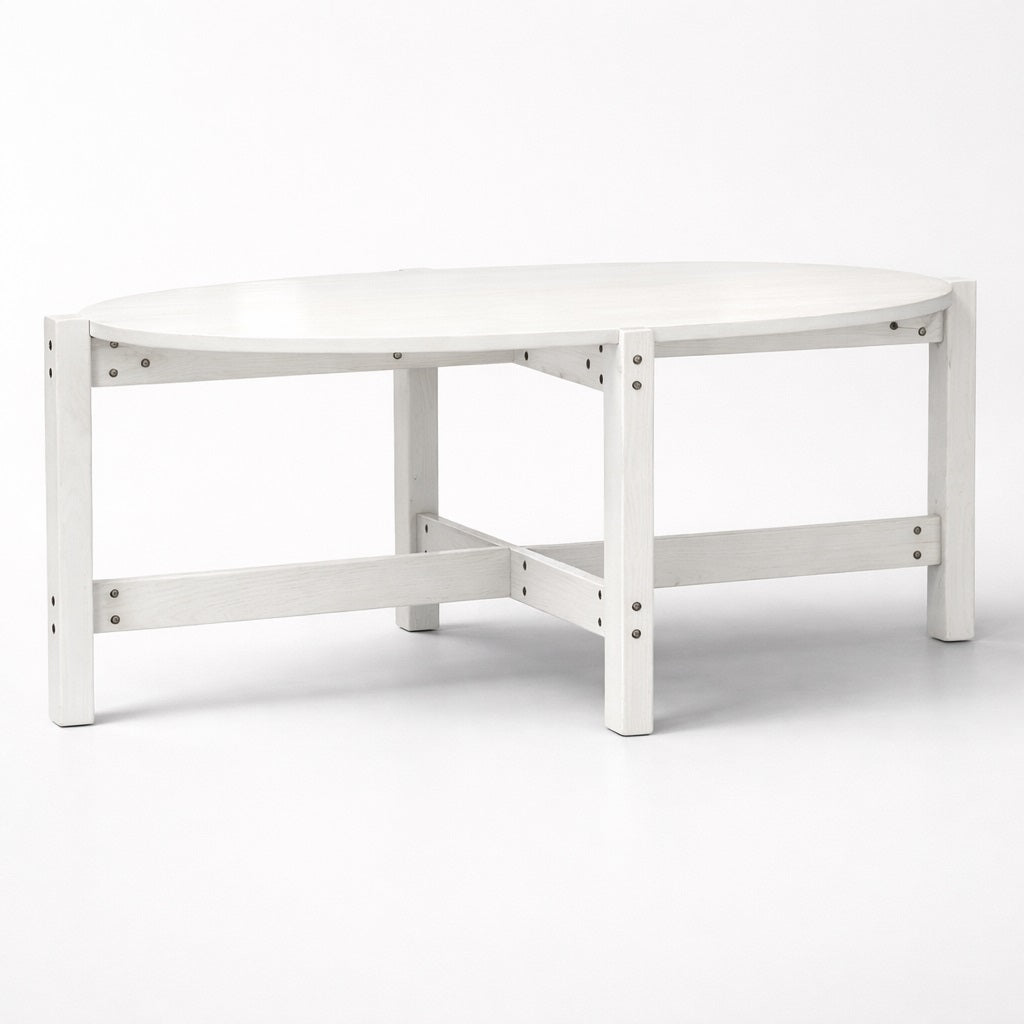 Table basse blanche ronde en bois, design minimaliste et robuste, idéale comme table basse de salon moderne.