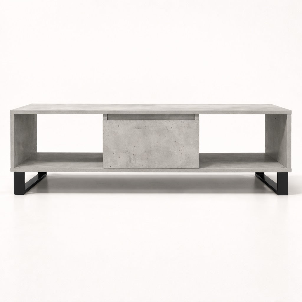 Table basse salon grise rectangulaire avec tiroir central et structure moderne
