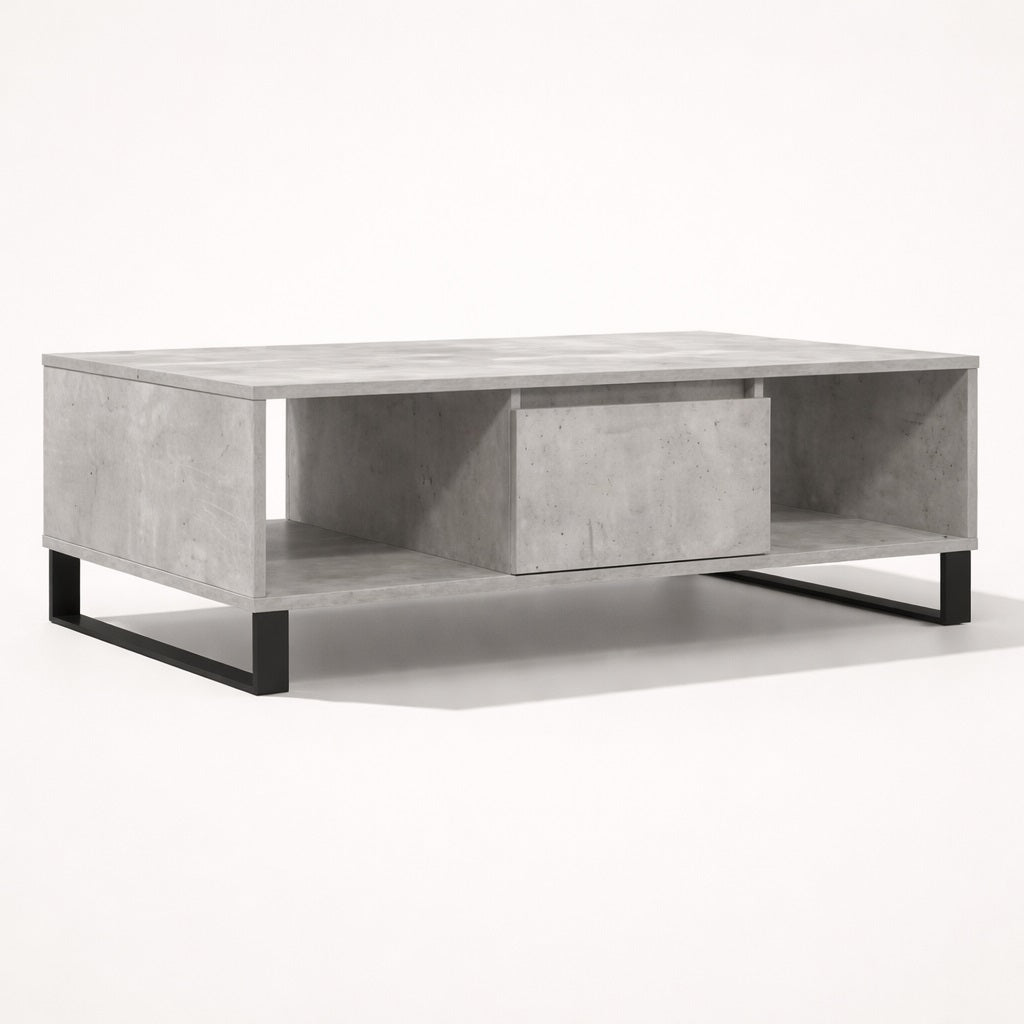 Table basse salon grise effet béton au design minimaliste avec espace de rangement