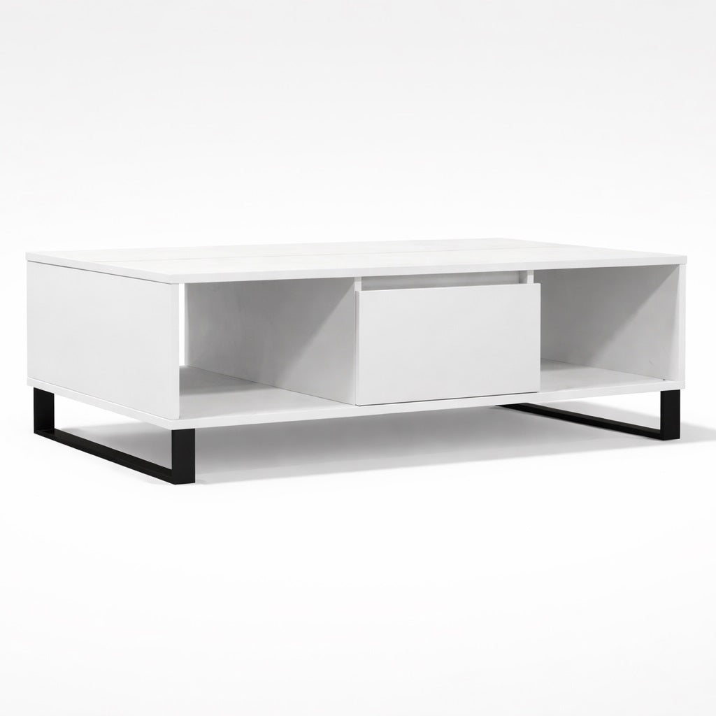 Table basse salon blanche au design moderne, avec rangement central et pieds métal noirs