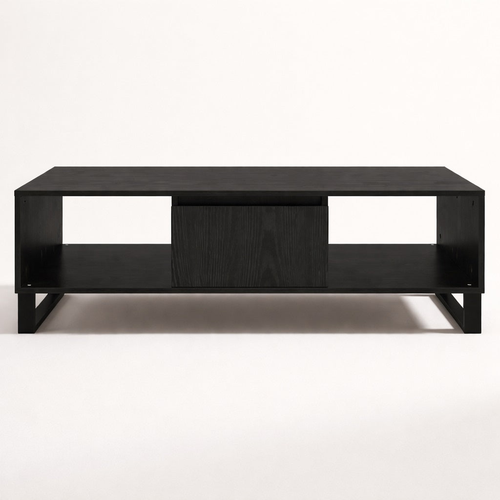 Table basse salon noire rectangulaire avec tiroir central et piètement métal