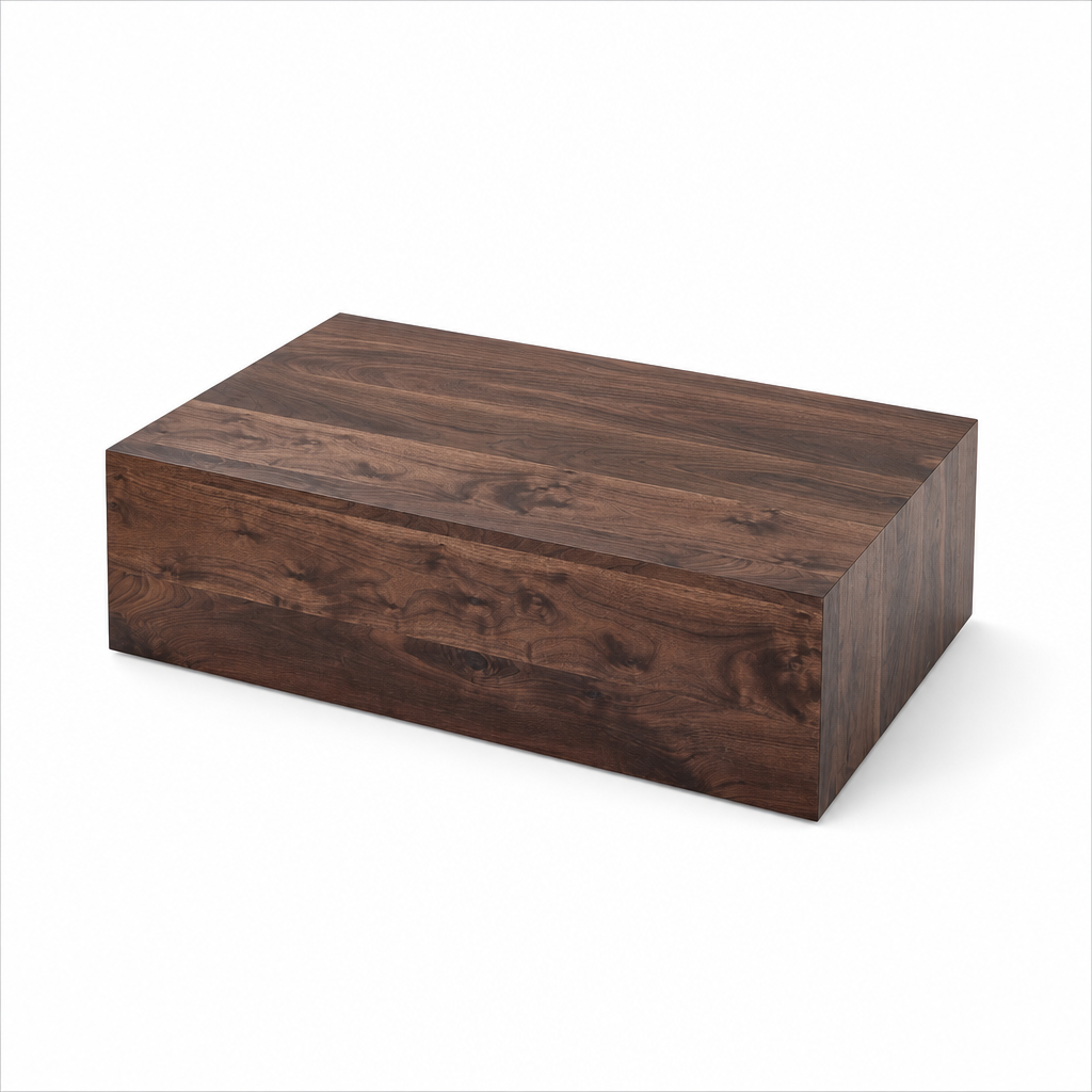 Table basse en noyer Novera, vue en angle sur le bloc massif et le veinage du bois