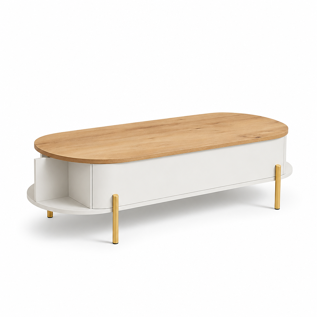 Table basse relevable Akira en bois clair et caisson blanc, vue de face