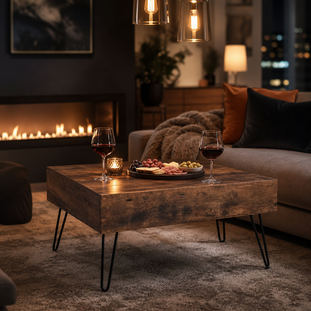 Table basse relevable Brooklyn dans un salon cosy avec cheminee, verres de vin et plateau apero poses dessus