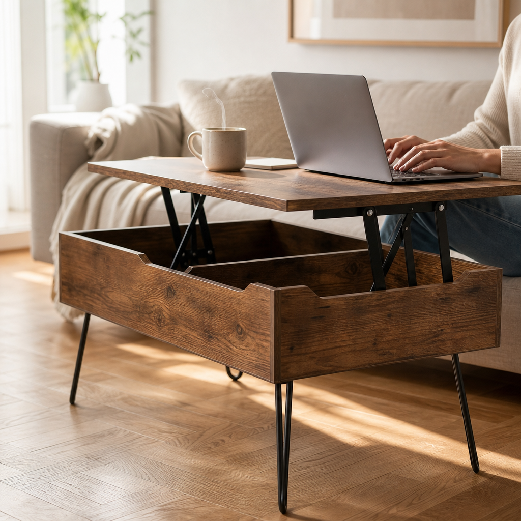 Table basse relevable Brooklyn utilisee comme bureau d'appoint pour travailler sur ordinateur portable avec une tasse de cafe