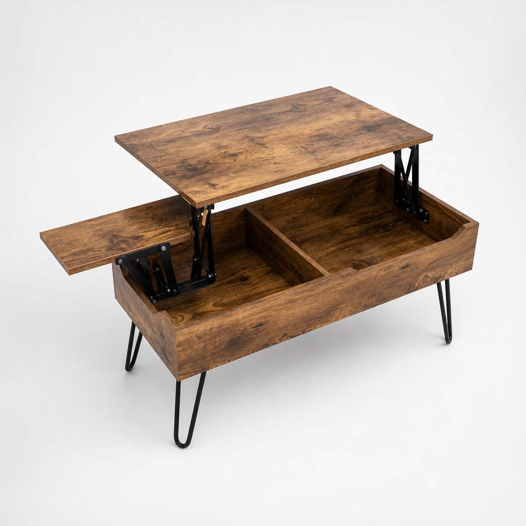 Table basse relevable Brooklyn en bois vintage avec pieds epingle noirs, plateau souleve montrant le rangement interieur