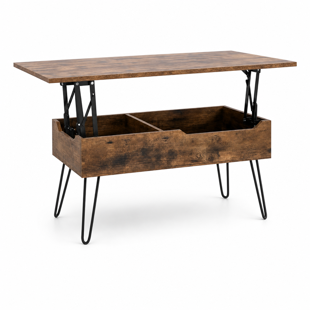Table basse relevable Brooklyn vue de profil, plateau souleve laissant apparaitre le compartiment de rangement