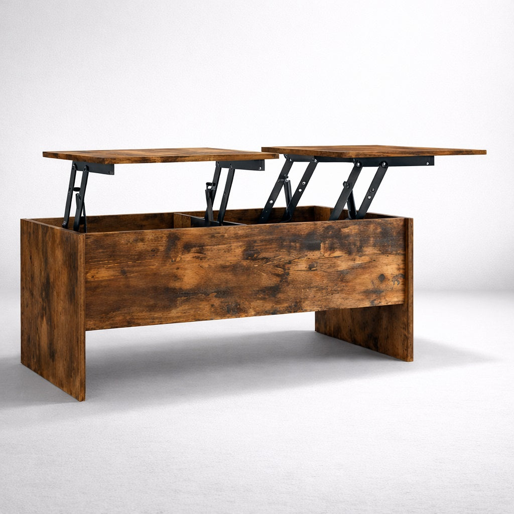Table basse relevable en bois chêne fumé avec double plateau relevable et rangement intégré