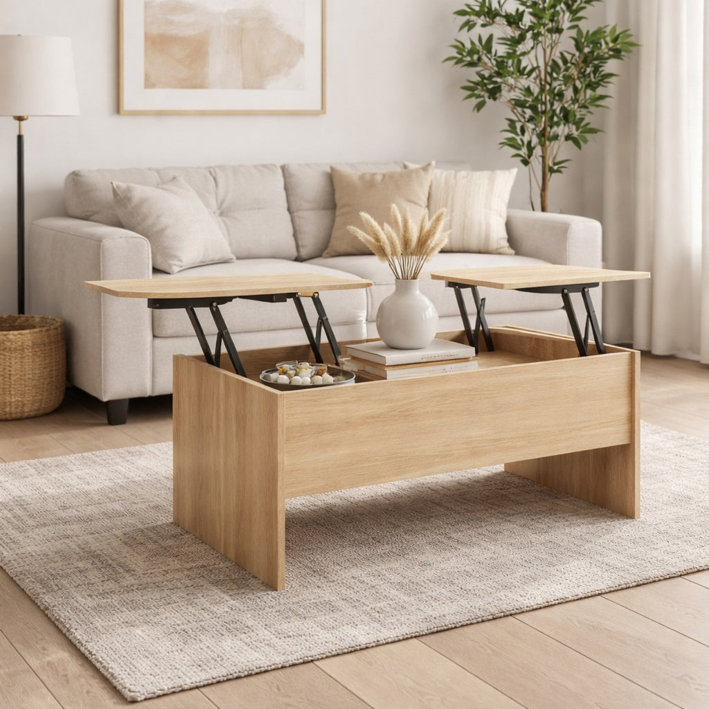 Table basse relevable en bois chêne sonoma dans un salon lumineux avec double plateau relevable