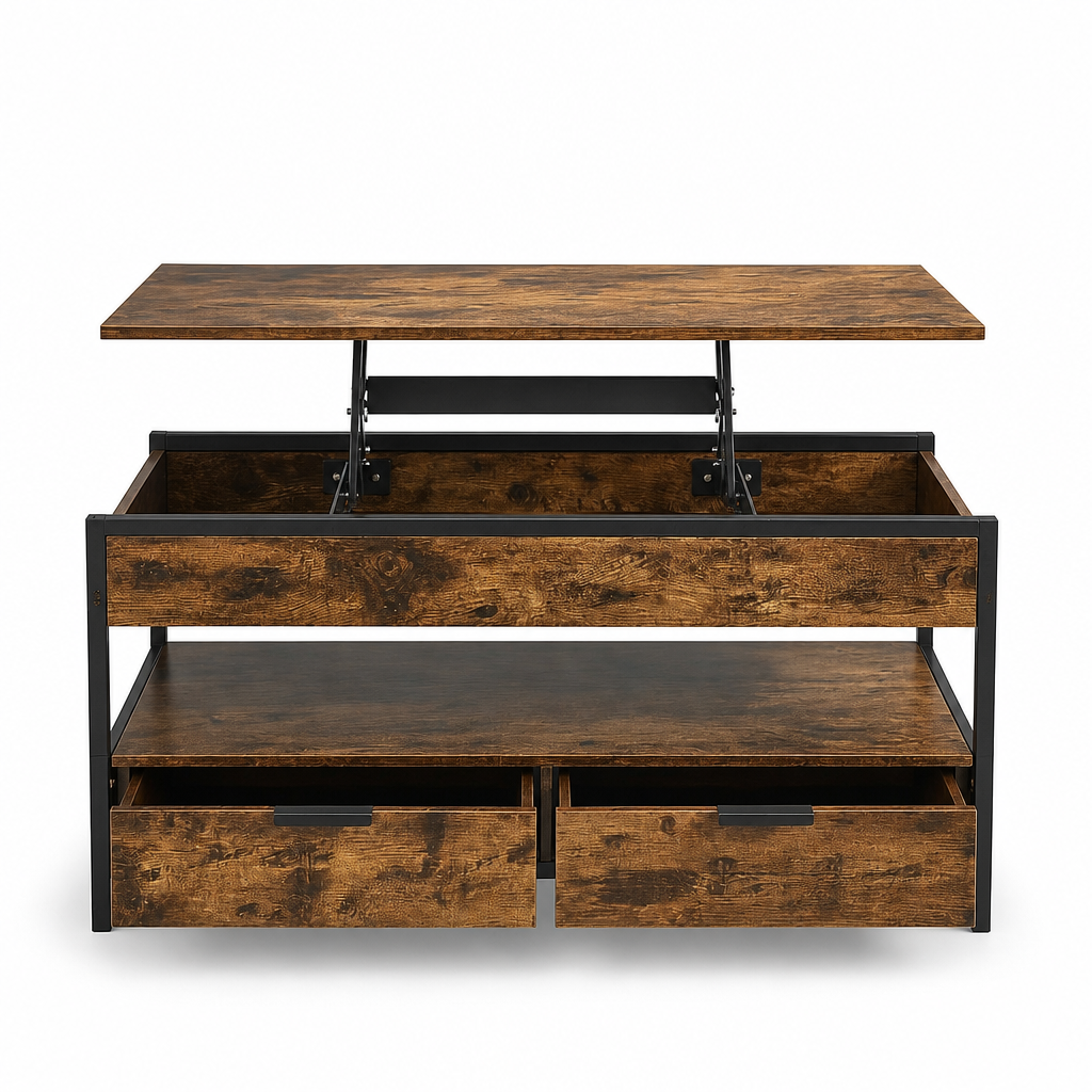Table basse relevable Manhattan avec plateau souleve, mecanisme visible et tiroirs ouverts montrant le rangement interieur