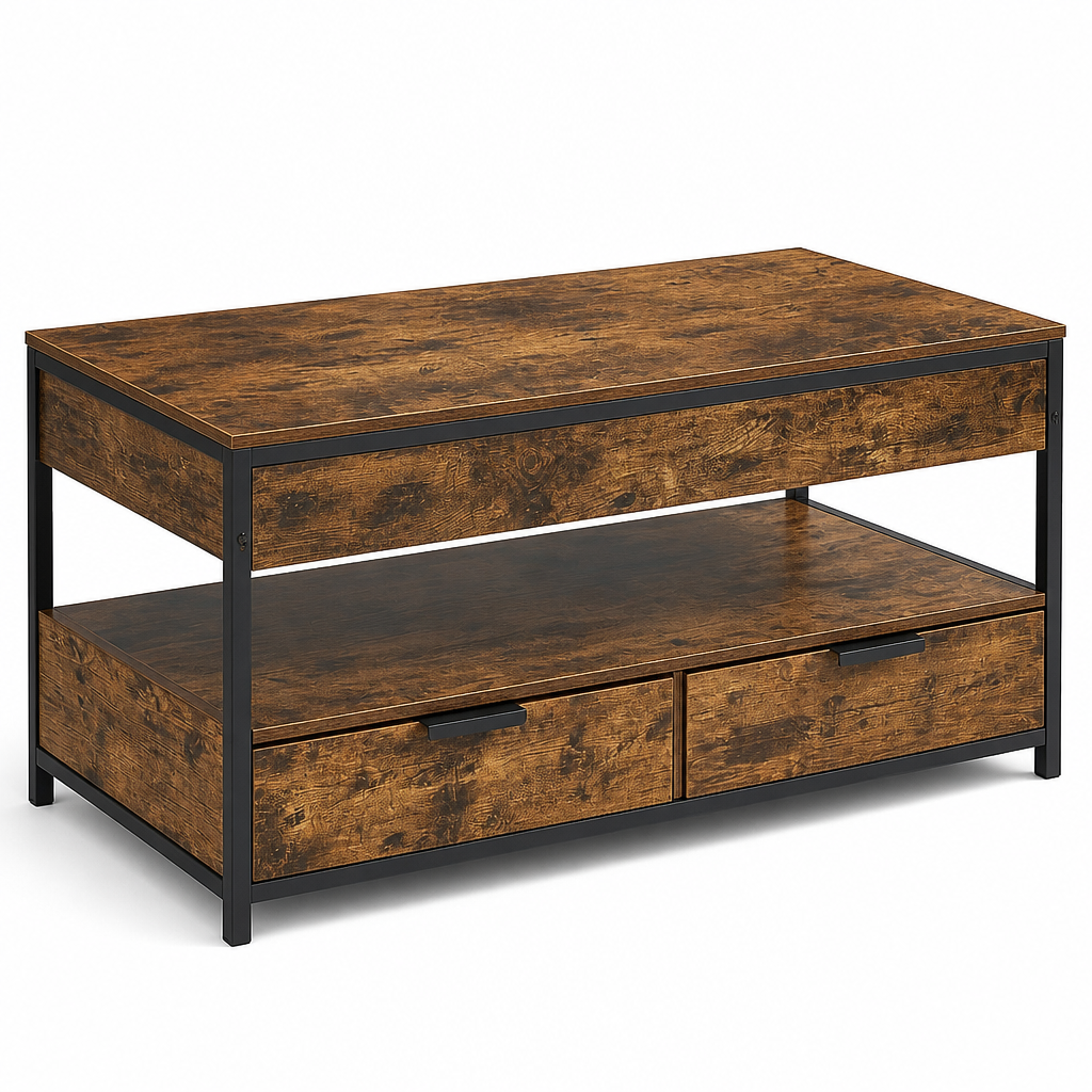 Table basse relevable Manhattan en bois vintage et metal noir avec deux tiroirs, vue de face sur fond blanc