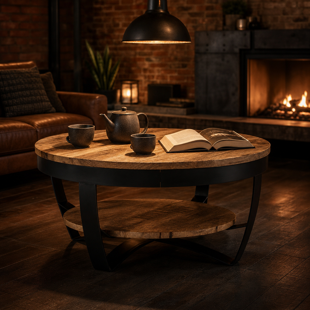 Table basse ronde en bois Rondi en situation dans un salon industriel avec cheminee et service a the