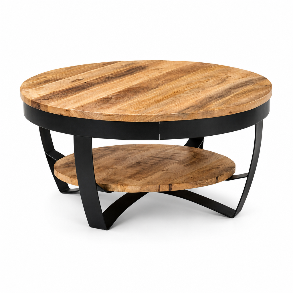 Table basse ronde en bois Rondi avec pietement metal noir, vue d angle sur fond blanc