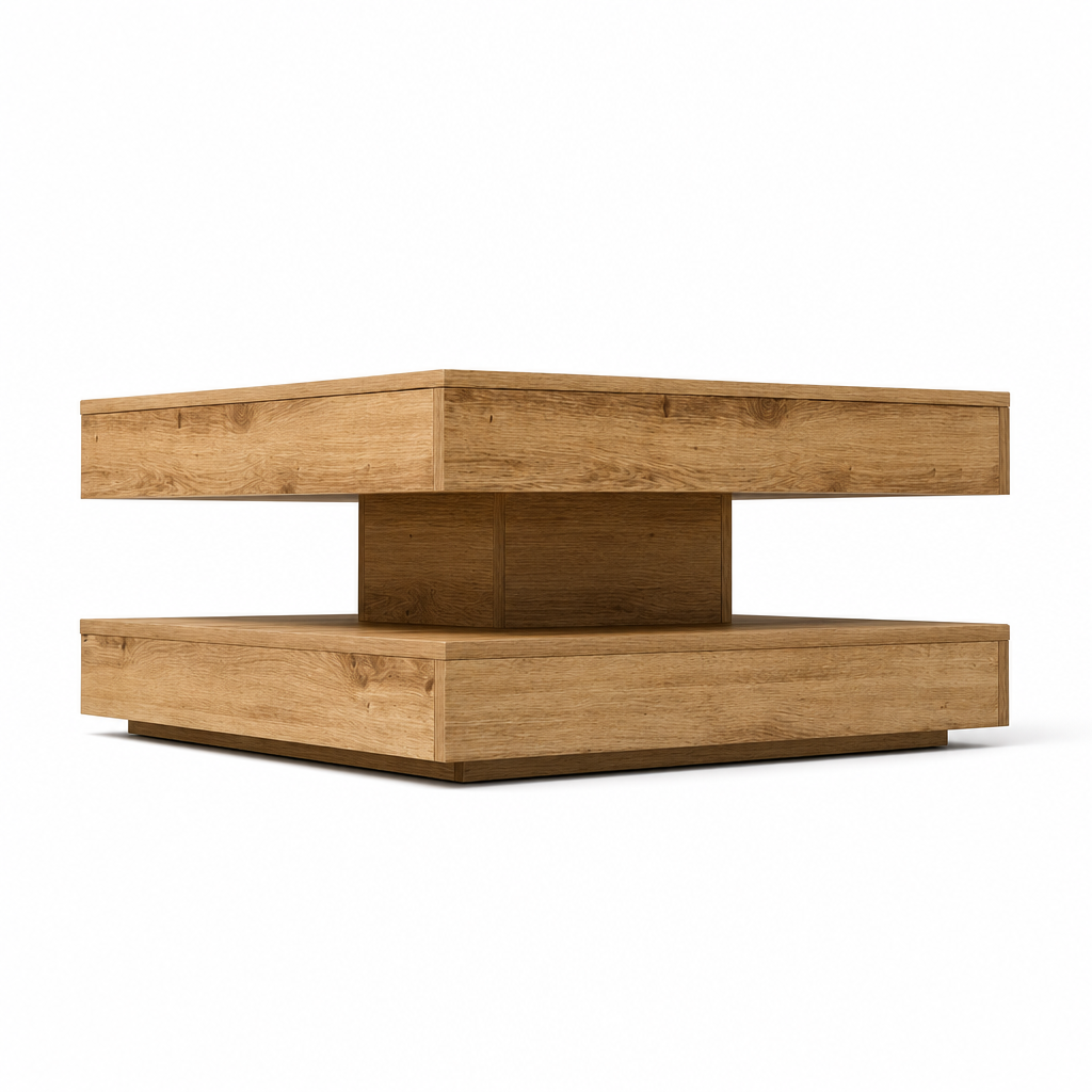 Table basse rotative en chene Sonoma, vue diagonale montrant le plateau superieur decale par rotation