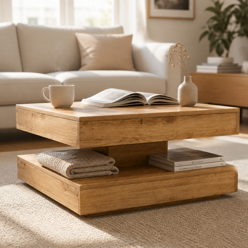 Table basse rotative en chene Sonoma dans un salon cosy avec livres, plaid et vase sur l etagere basse