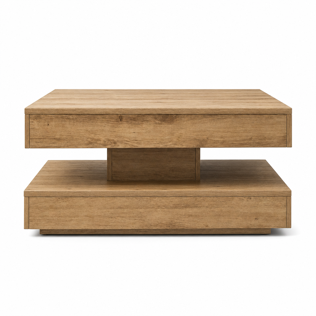 Table basse rotative en chene Sonoma sur fond blanc, plateau superieur pivote a 360 degres