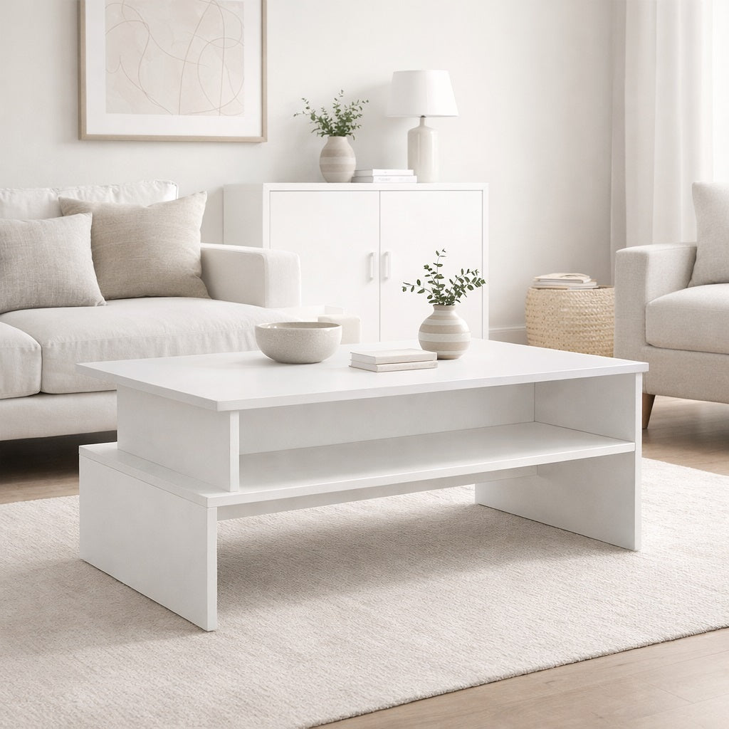 Table basse avec rangement blanche dans un salon minimaliste, lignes pures, table basse de salon