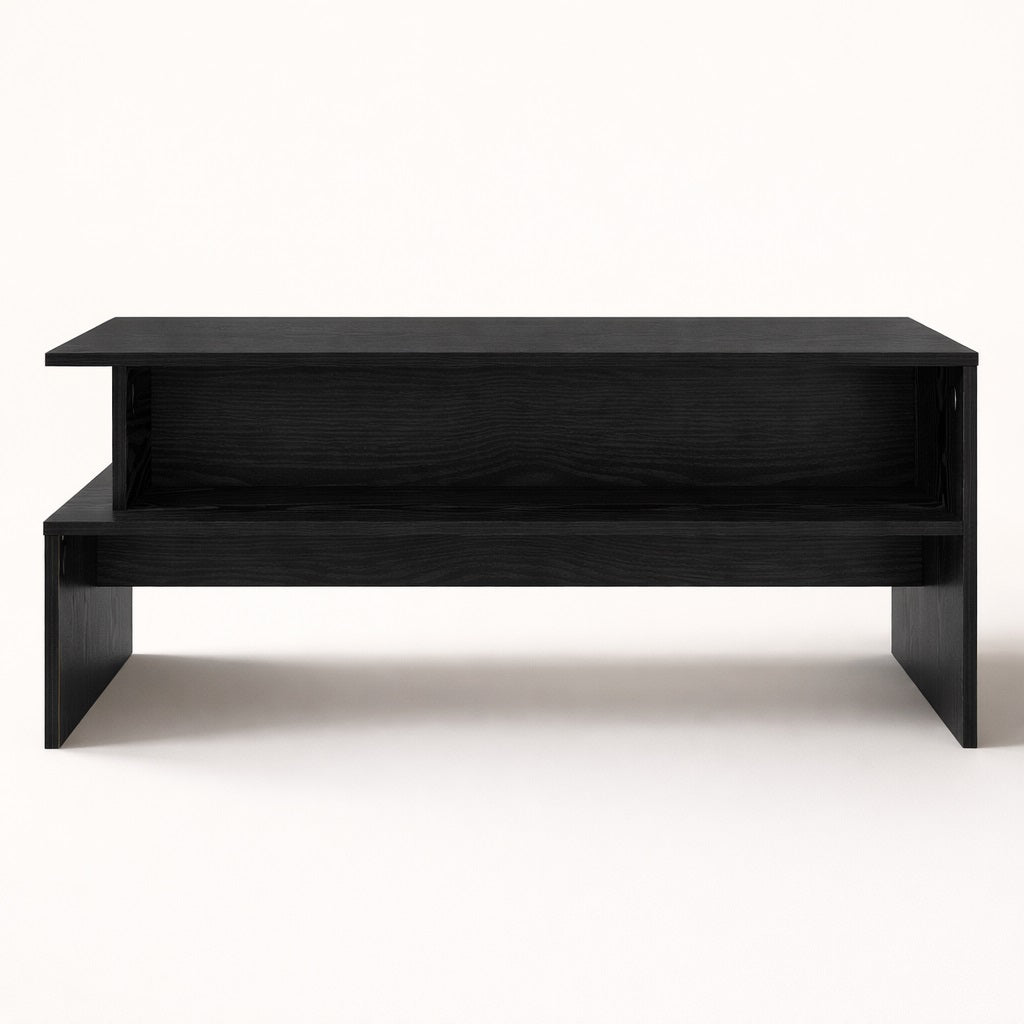 Table basse avec rangement en bois noir vue de face, design structuré, table basse de salon